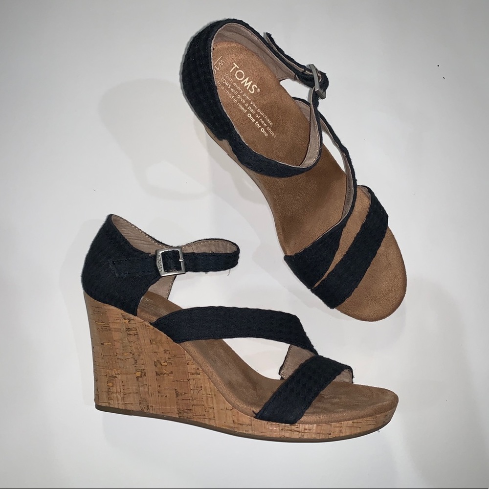 Toms Clarissa Black Textile Cork Wedge